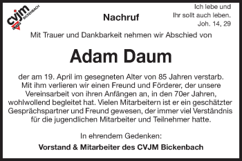Traueranzeige von Adam Daum von Echo-Zeitungen (Gesamtausgabe)