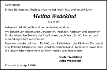 Traueranzeige von Melitta Wedekind von Echo-Zeitungen (Gesamtausgabe)