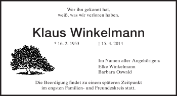Traueranzeige von Klaus Winkelmann von Starkenburger Echo