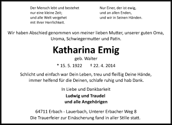 Traueranzeige von Katharina Emig von Odenwälder Echo