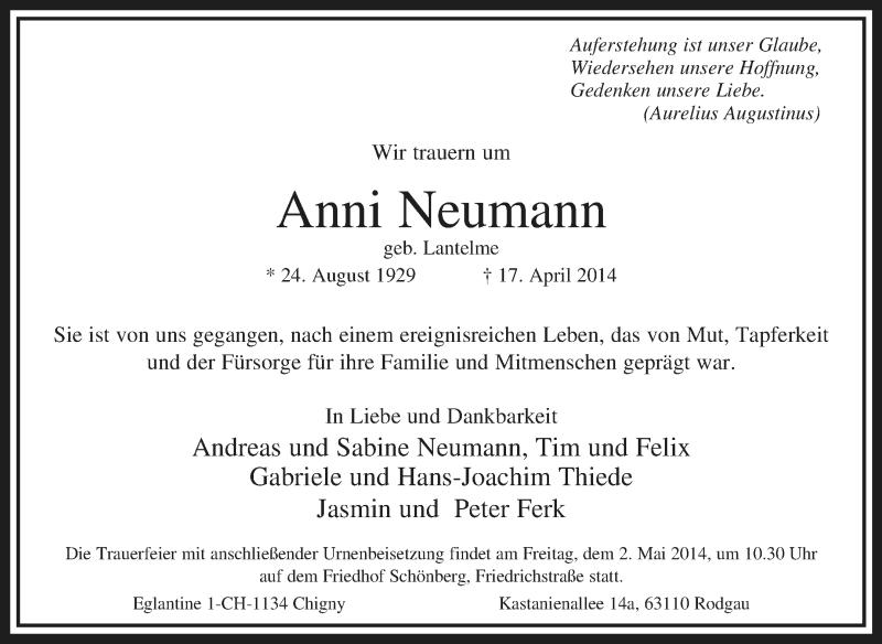  Traueranzeige für Anni Neumann vom 28.04.2014 aus Echo-Zeitungen (Gesamtausgabe)