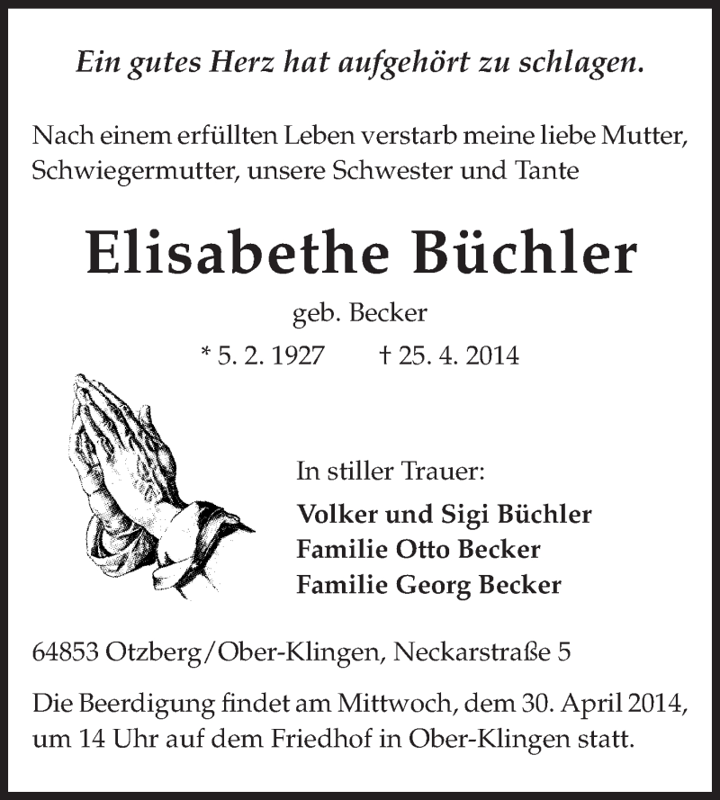 Traueranzeige für Elisabethe Büchler vom 28.04.2014 aus Echo-Zeitungen (Gesamtausgabe)