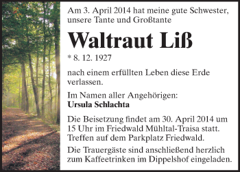 Traueranzeige von Waltraut Liß von Echo-Zeitungen (Gesamtausgabe)