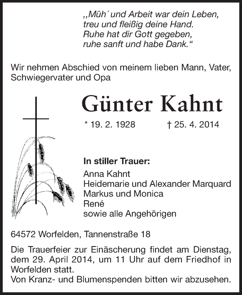  Traueranzeige für Günter Kahnt vom 28.04.2014 aus Rüsselsheimer Echo, Groß-Gerauer-Echo, Ried Echo