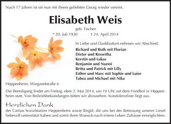 Traueranzeige von Elisabeth Weis von Starkenburger Echo