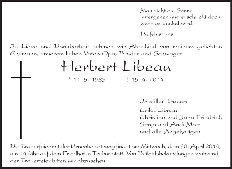  Traueranzeige für Herbert Libeau vom 28.04.2014 aus Rüsselsheimer Echo, Groß-Gerauer-Echo, Ried Echo