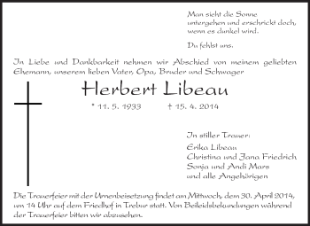 Traueranzeige von Herbert Libeau von Rüsselsheimer Echo, Groß-Gerauer-Echo, Ried Echo
