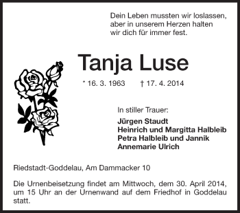 Traueranzeige von Tanja Luse von Rüsselsheimer Echo, Groß-Gerauer-Echo, Ried Echo