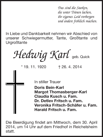 Traueranzeige von Hedwig Karl von Odenwälder Echo