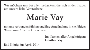 Traueranzeige von Marie Vay von Odenwälder Echo
