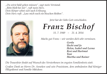 Traueranzeige von Franz Bischof von Odenwälder Echo