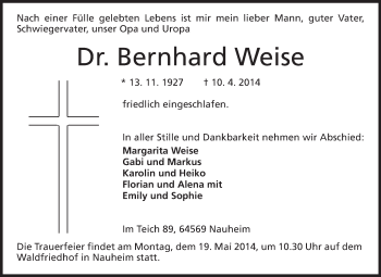 Traueranzeige von Bernhard Weise von Rüsselsheimer Echo, Groß-Gerauer-Echo, Ried Echo