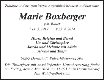 Traueranzeige von Marie Boxberger von Echo-Zeitungen (Gesamtausgabe)