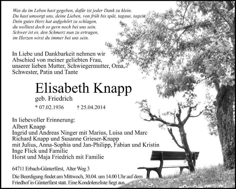  Traueranzeige für Elisabeth Knapp vom 29.04.2014 aus Odenwälder Echo