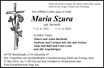 Traueranzeige von Maria Szura von Odenwälder Echo