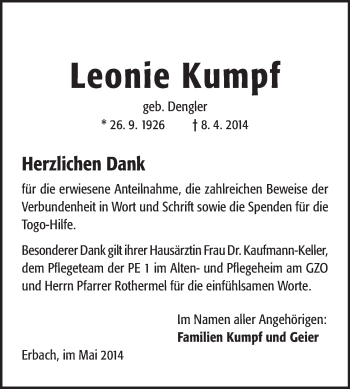 Traueranzeige von Leonie Kumpf von Odenwälder Echo