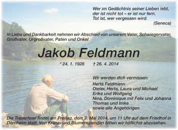 Traueranzeige von Jakob Feldmann von Rüsselsheimer Echo, Groß-Gerauer-Echo, Ried Echo