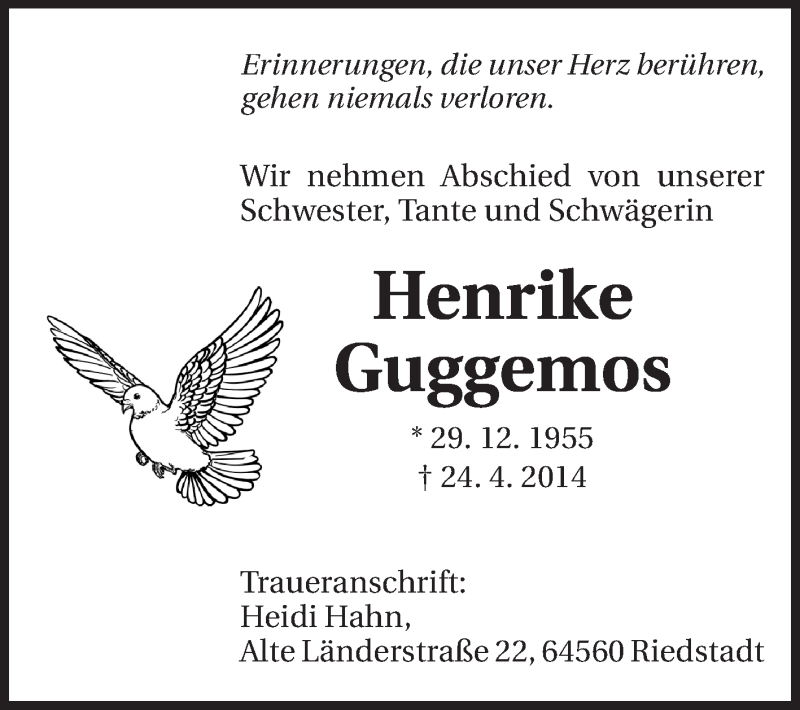  Traueranzeige für Henrike Guggemos vom 30.04.2014 aus Rüsselsheimer Echo, Groß-Gerauer-Echo, Ried Echo