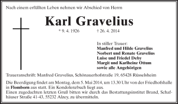 Traueranzeige von Karl Gravelius von Rüsselsheimer Echo, Groß-Gerauer-Echo, Ried Echo