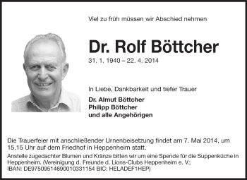 Traueranzeige von Dr. Rolf Böttcher von Starkenburger Echo, Bergsträßer Anzeiger