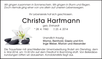 Traueranzeige von Christa Hartmann von Odenwälder Echo