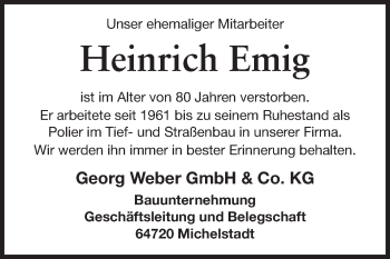 Traueranzeige von Heinrich Emig von Odenwälder Echo