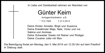 Traueranzeige von Günter Keim von Echo-Zeitungen (Gesamtausgabe)