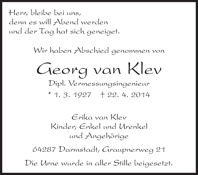  Traueranzeige für Georg van Klev vom 10.05.2014 aus Echo-Zeitungen (Gesamtausgabe)