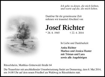 Traueranzeige von Josef Richter von Rüsselsheimer Echo, Groß-Gerauer-Echo, Ried Echo