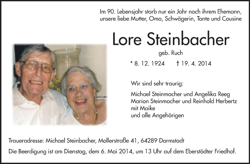  Traueranzeige für Lore Steinbacher vom 03.05.2014 aus Echo-Zeitungen (Gesamtausgabe)
