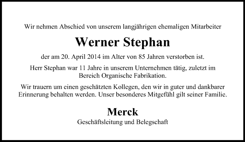  Traueranzeige für Werner Stephan vom 03.05.2014 aus Echo-Zeitungen (Gesamtausgabe)