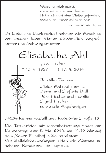 Traueranzeige von Elisabethe Ahl von Echo-Zeitungen (Gesamtausgabe)