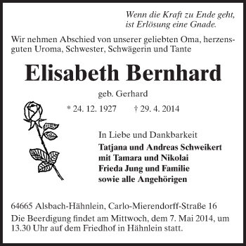 Traueranzeige von Elisabeth Bernhard von Echo-Zeitungen (Gesamtausgabe)