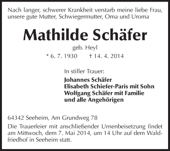 Traueranzeige von Mathilde Schäfer von Echo-Zeitungen (Gesamtausgabe)
