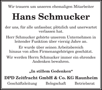 Traueranzeige von Hans Schmucker von Echo-Zeitungen (Gesamtausgabe)