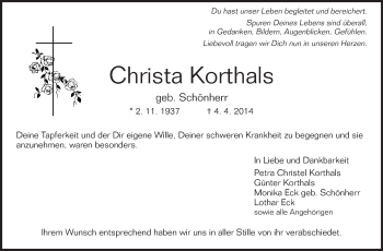 Traueranzeige von Christa Korthals von Echo-Zeitungen (Gesamtausgabe)