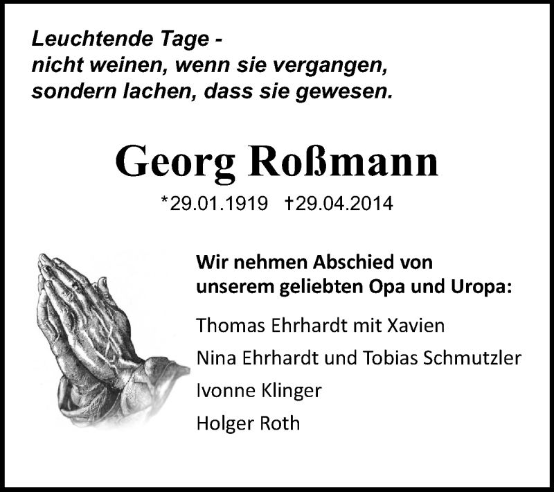  Traueranzeige für Georg Roßmann vom 03.05.2014 aus Echo-Zeitungen (Gesamtausgabe)