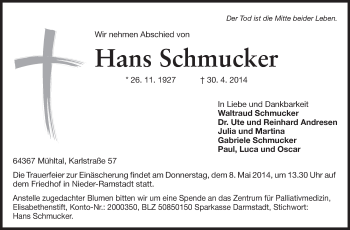 Traueranzeige von Hans Schmucker von Echo-Zeitungen (Gesamtausgabe)