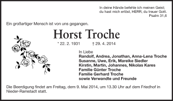 Traueranzeige von Horst Troche von Echo-Zeitungen (Gesamtausgabe)