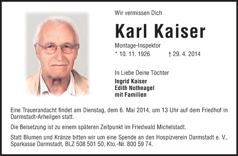  Traueranzeige für Karl Kaiser vom 03.05.2014 aus Echo-Zeitungen (Gesamtausgabe)
