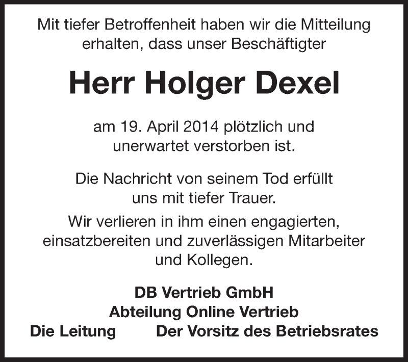  Traueranzeige für Holger Dexel vom 03.05.2014 aus Echo-Zeitungen (Gesamtausgabe)
