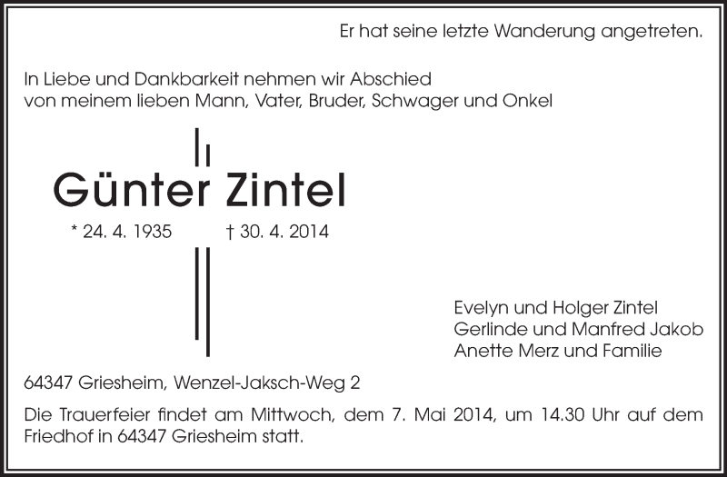  Traueranzeige für Günter Zintel vom 03.05.2014 aus Darmstädter Echo, Odenwälder Echo, Rüsselsheimer Echo, Groß-Gerauer-Echo, Ried Echo