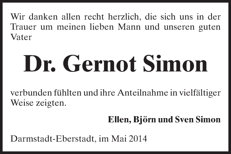  Traueranzeige für Gernot Simon vom 10.05.2014 aus Echo-Zeitungen (Gesamtausgabe)