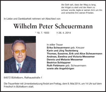 Traueranzeige von Wilhelm Peter Scheuermann von Rüsselsheimer Echo, Groß-Gerauer-Echo, Ried Echo