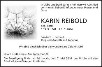 Traueranzeige von Karin Reibold von Echo-Zeitungen (Gesamtausgabe)