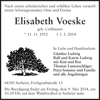 Traueranzeige von Elisabeth Voeske von Echo-Zeitungen (Gesamtausgabe)
