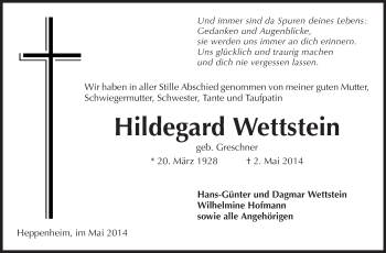 Traueranzeige von Hildegard Wettstein von Starkenburger Echo