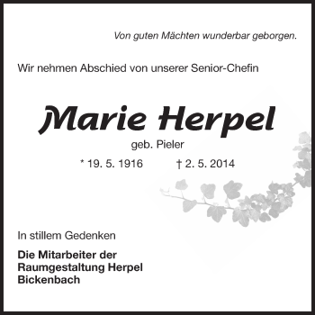 Traueranzeige von Marie Herpel von Darmstädter Echo, Odenwälder Echo, Rüsselsheimer Echo, Groß-Gerauer-Echo, Ried Echo