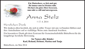 Traueranzeige von Anna Stelz von Rüsselsheimer Echo, Groß-Gerauer-Echo, Ried Echo