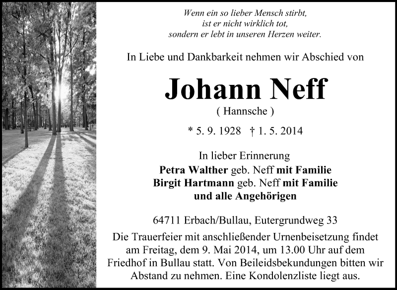  Traueranzeige für Johann Neff vom 06.05.2014 aus Odenwälder Echo